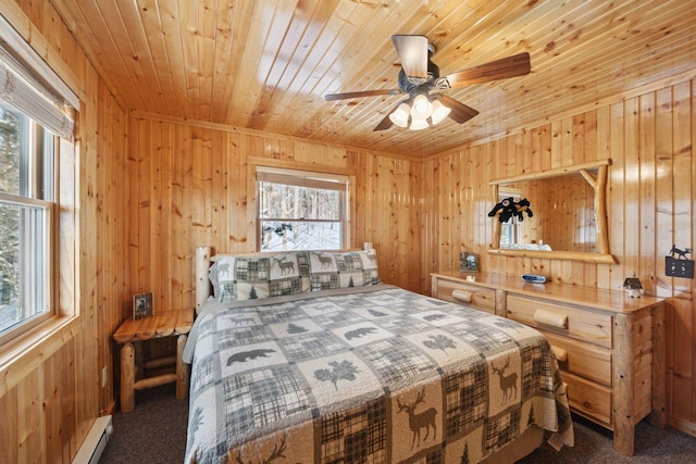 28255 Friendly Valley Rd, Washburn, WI 54891 - bedroom with dark colored carpet, wood walls, wood ceiling, and baseboard heating