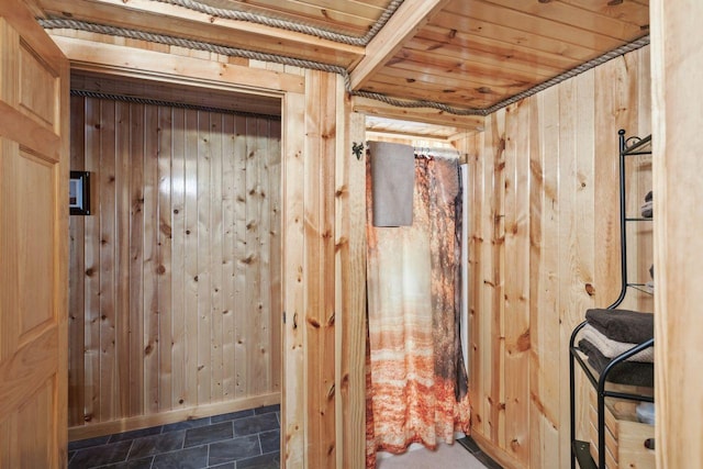 28255 Friendly Valley Rd, Washburn, WI 54891 - bathroom featuring wood walls and wooden ceiling