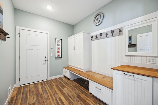 mudroom with dark wood-type flooring and a textured ceiling