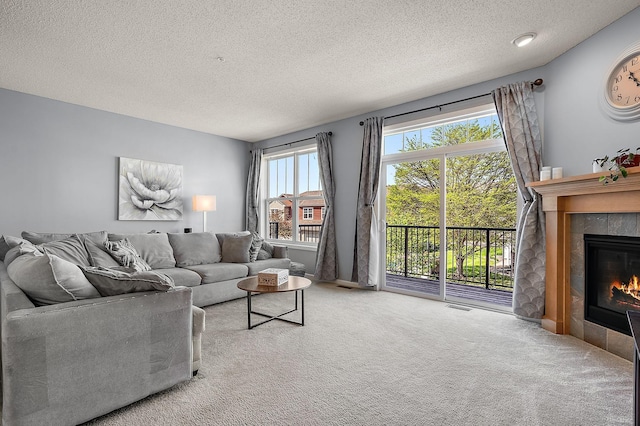 9668 Unity Ln N, Brooklyn Park, MN 55443 - carpeted living area featuring a glass covered fireplace and a textured ceiling