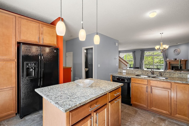 9668 Unity Ln N, Brooklyn Park, MN 55443 - kitchen with black appliances, a sink, a chandelier, light stone counters, and decorative light fixtures