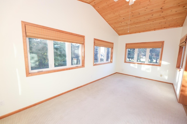 spare room featuring carpet flooring, a healthy amount of sunlight, and wood ceiling