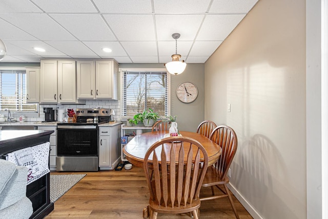 kitchen featuring decorative backsplash, plenty of natural light, stainless steel range with electric cooktop, and light hardwood / wood-style floors