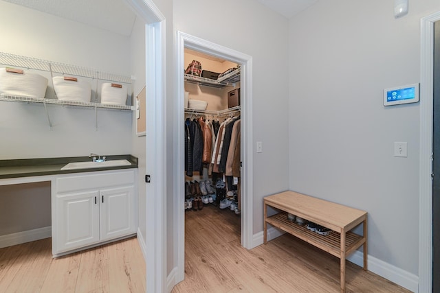 spacious closet featuring sink and light wood-type flooring