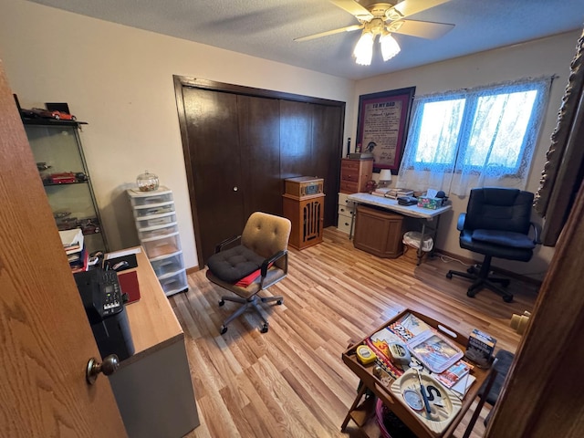 office area with ceiling fan, a textured ceiling, and light hardwood / wood-style flooring