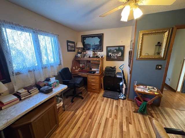 office space featuring ceiling fan, light hardwood / wood-style floors, and a textured ceiling