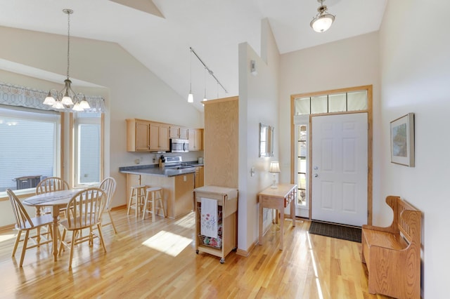 foyer featuring a notable chandelier, light hardwood / wood-style floors, and high vaulted ceiling