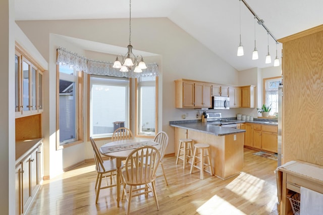 kitchen with stainless steel appliances, light brown cabinets, a kitchen bar, and a notable chandelier