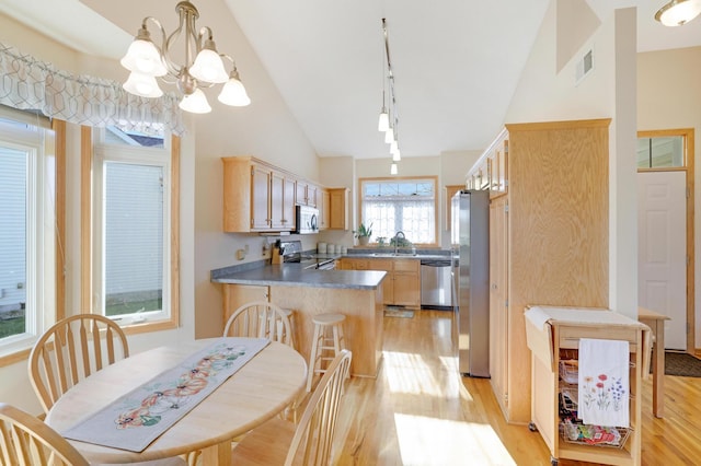 kitchen with kitchen peninsula, a chandelier, hanging light fixtures, appliances with stainless steel finishes, and sink