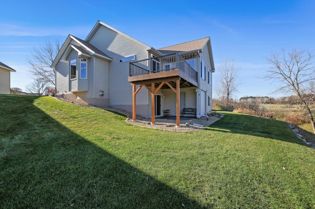 back of property featuring a lawn and a wooden deck