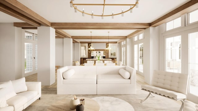 living room featuring beam ceiling and a chandelier