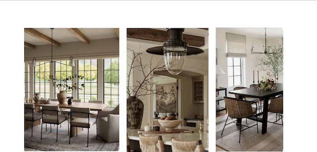 dining space featuring a healthy amount of sunlight, an inviting chandelier, beam ceiling, and wood finished floors