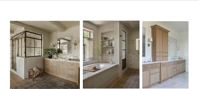 full bathroom with a garden tub and vanity