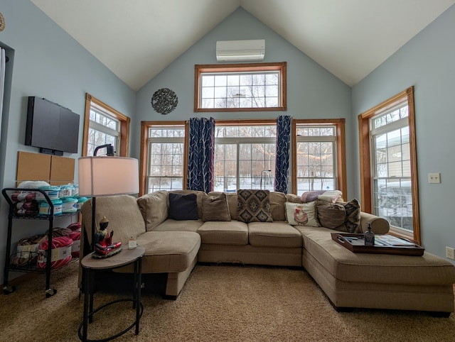 carpeted living room featuring high vaulted ceiling and a wall mounted AC