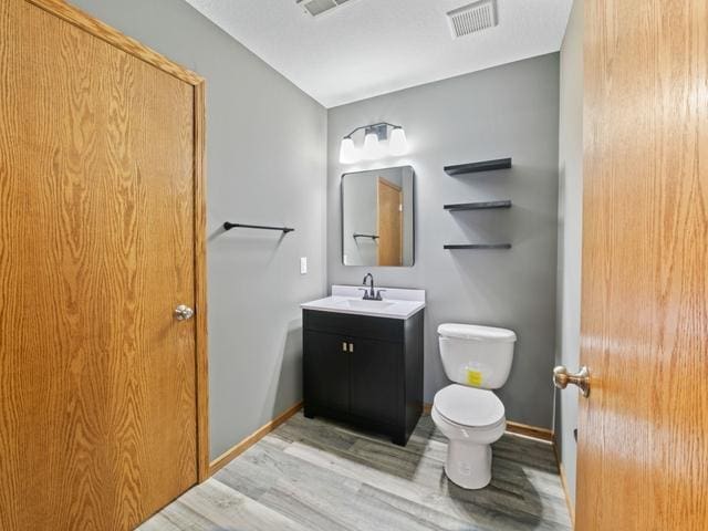 bathroom featuring toilet, vanity, and wood-type flooring