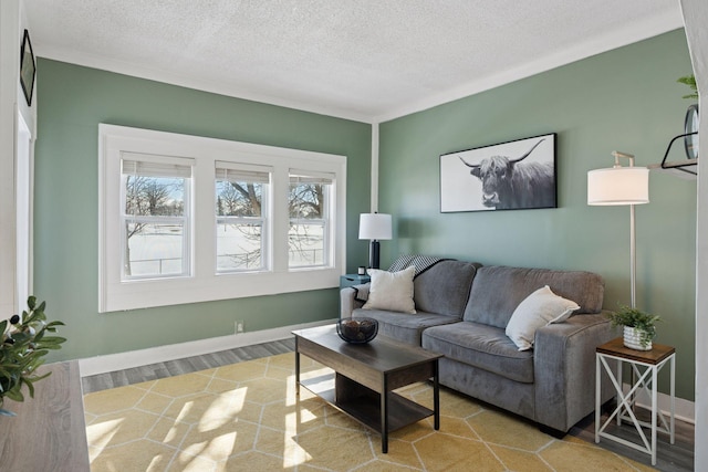 living room with a textured ceiling