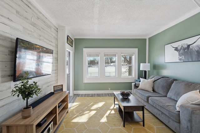 living room with baseboards, a textured ceiling, and wood finished floors