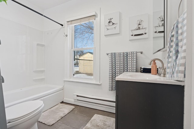 full bathroom with baseboard heating, toilet, vanity, and shower / bathing tub combination