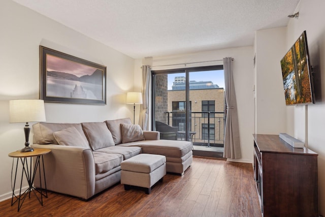 living room with dark hardwood / wood-style floors and a textured ceiling