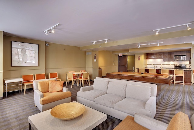 living room with billiards, sink, track lighting, and carpet floors