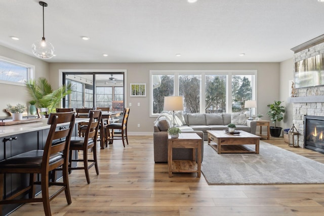 living room with light hardwood / wood-style floors and a fireplace