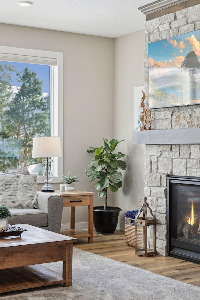 living room with a healthy amount of sunlight, a fireplace, and wood-type flooring