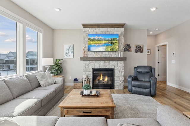 living room with hardwood / wood-style flooring and a fireplace