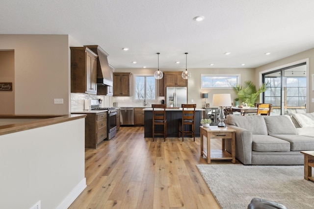 living room with light wood-type flooring and sink