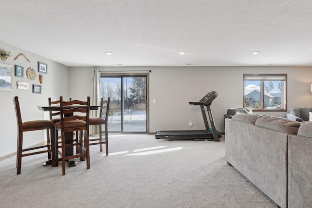 living room featuring light carpet, a textured ceiling, and a wealth of natural light