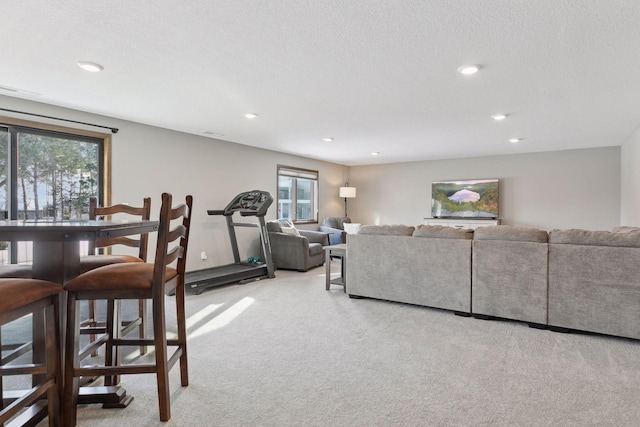 living room with light carpet, a healthy amount of sunlight, and a textured ceiling