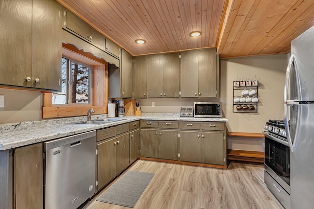 kitchen with stainless steel appliances, sink, light wood-type flooring, light stone countertops, and wood ceiling