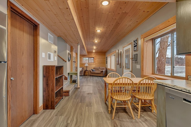 dining room with light hardwood / wood-style flooring, wooden walls, and wooden ceiling