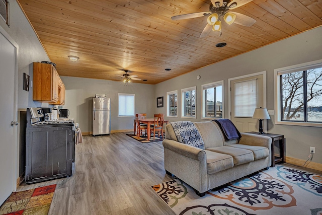 living room featuring wooden ceiling, ceiling fan, and light hardwood / wood-style floors