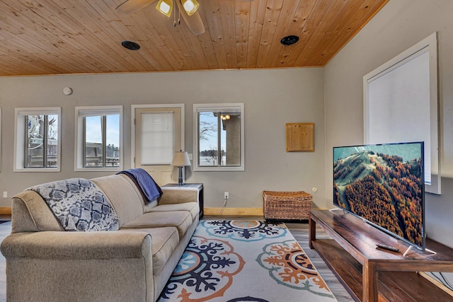 living room with hardwood / wood-style floors, wooden ceiling, and ceiling fan