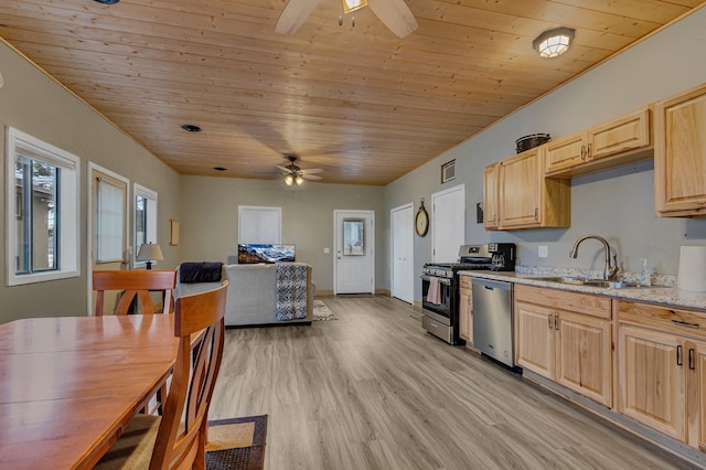 kitchen with wood ceiling, appliances with stainless steel finishes, light wood-type flooring, light stone counters, and light brown cabinets