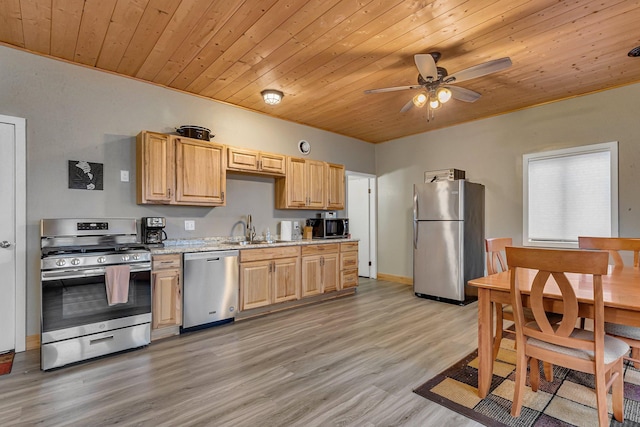 kitchen with sink, light wood-type flooring, appliances with stainless steel finishes, wooden ceiling, and light brown cabinets