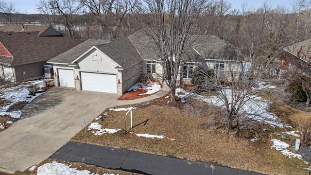 ranch-style house featuring a shingled roof, concrete driveway, a garage, and stucco siding