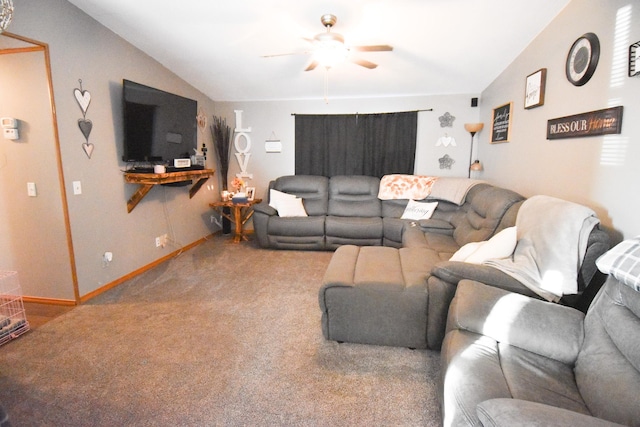 carpeted living room featuring lofted ceiling and ceiling fan