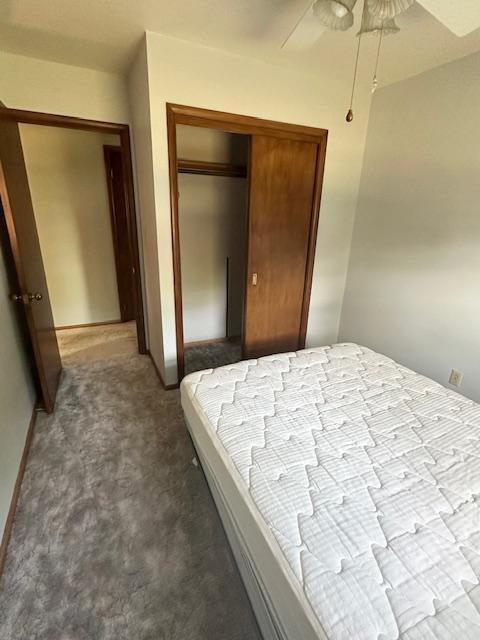 bedroom with a closet, ceiling fan, and dark colored carpet