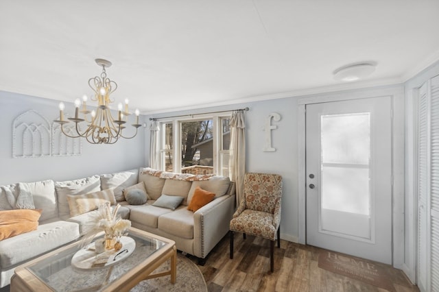 living room with crown molding and dark hardwood / wood-style floors