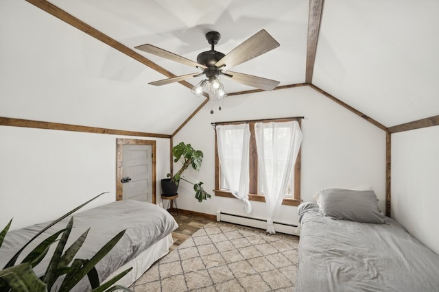 bedroom featuring vaulted ceiling, ceiling fan, and baseboard heating