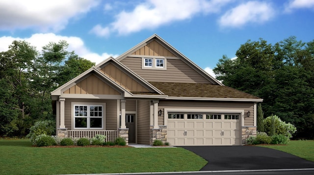 craftsman-style house featuring a garage, a porch, and a front lawn