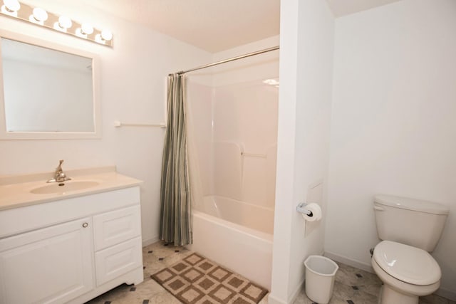 full bathroom featuring toilet, shower / bath combination with curtain, and vanity