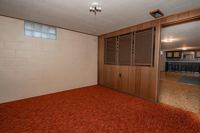 interior space with wooden walls and carpet flooring