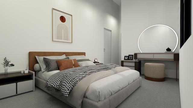 bedroom with light colored carpet and a towering ceiling