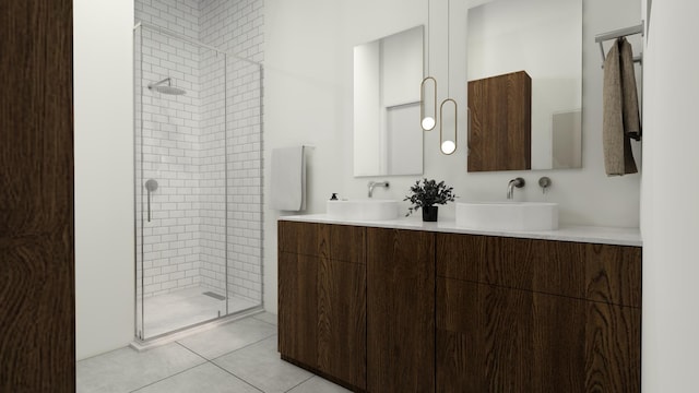 bathroom with vanity, tile patterned flooring, and walk in shower