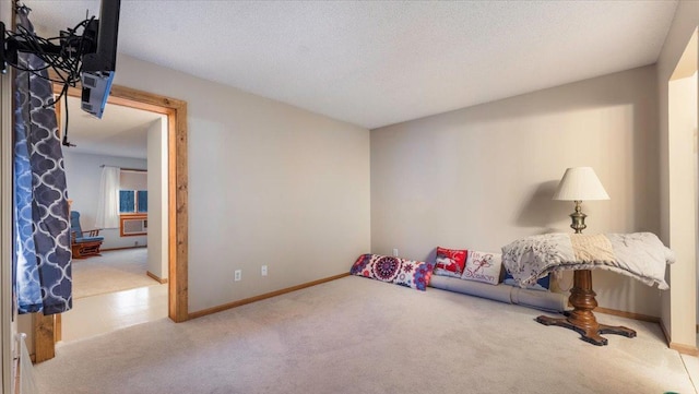 sitting room featuring carpet flooring, a textured ceiling, and baseboards