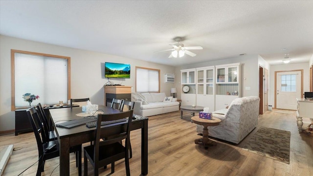 living area featuring a textured ceiling, light wood-type flooring, and plenty of natural light