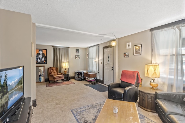 living area with light colored carpet and a textured ceiling