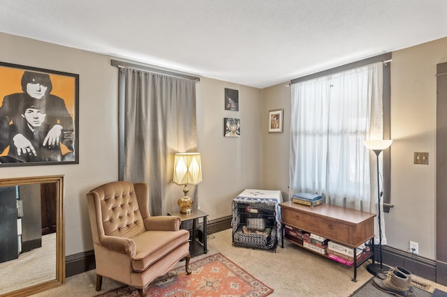 sitting room featuring carpet and baseboards